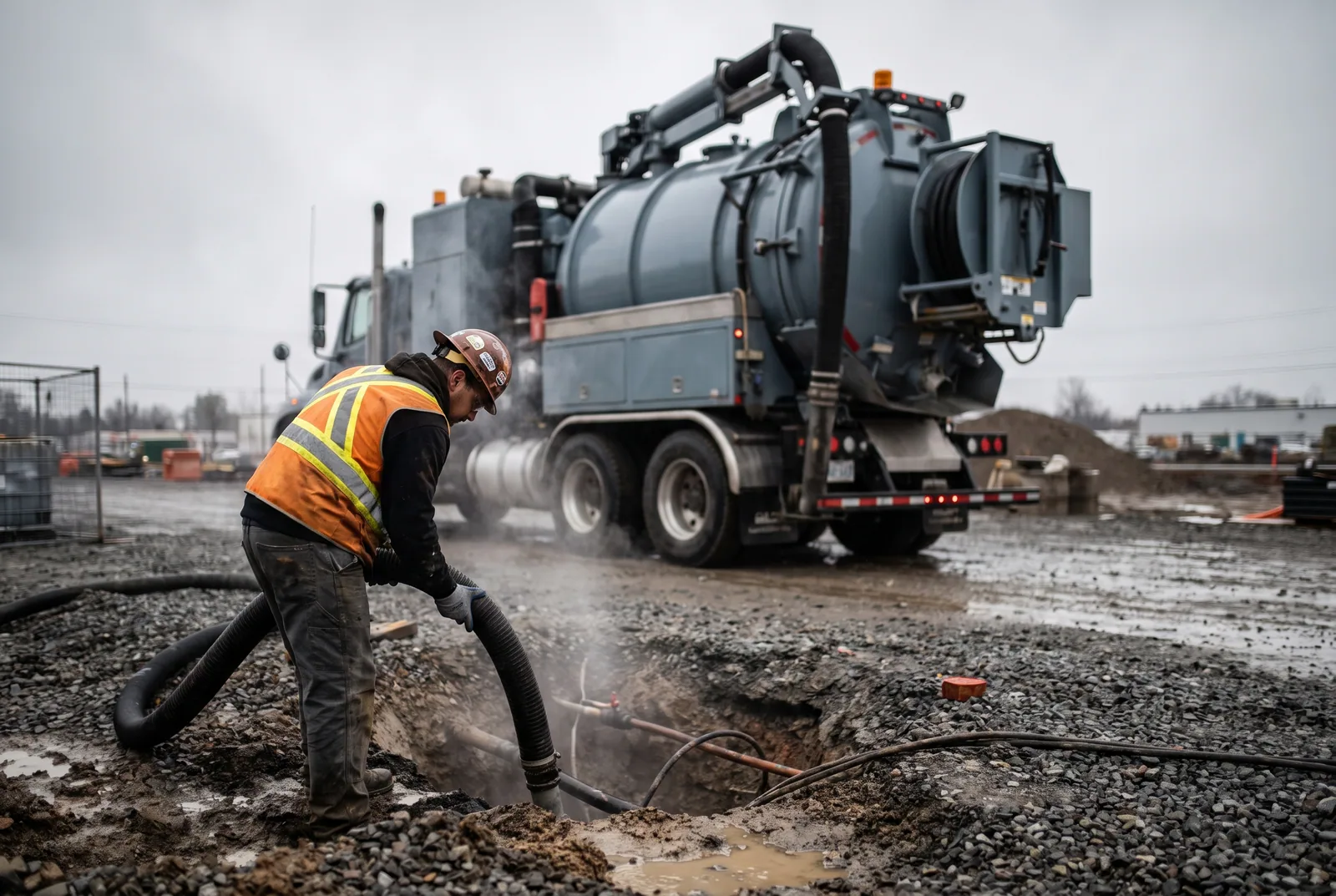 Hydro-excavation vacuum truck daylighting an underground utility