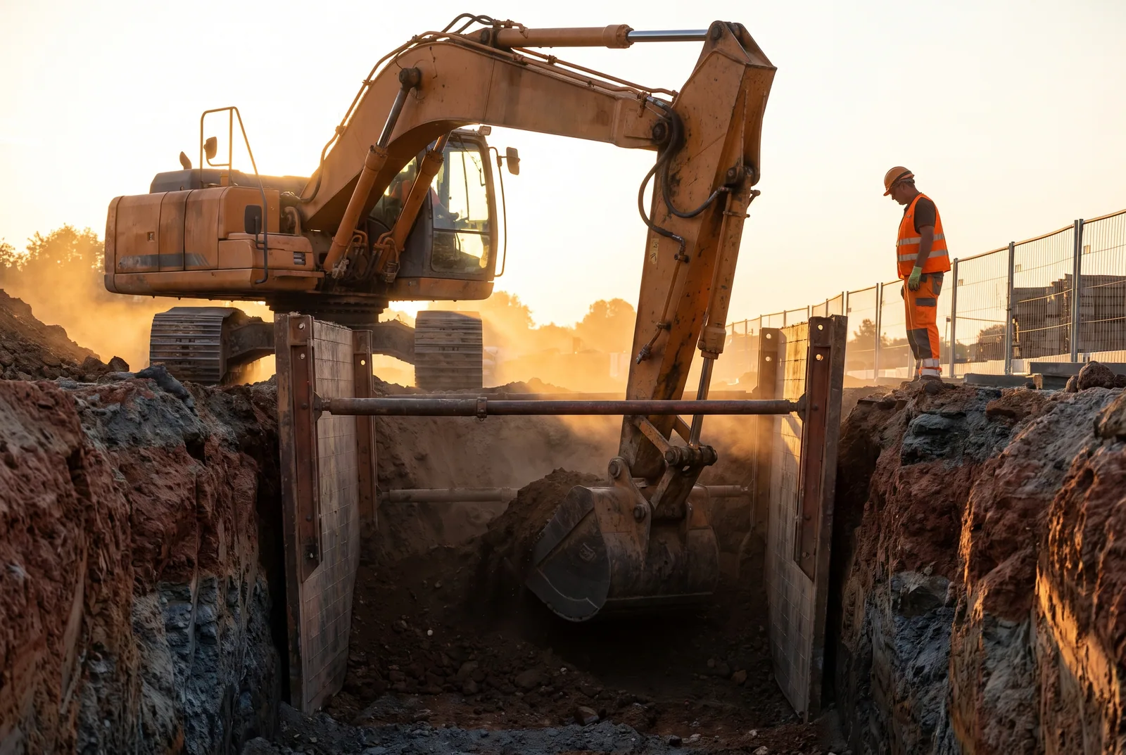 Amber excavator digging a utility trench on an active job site